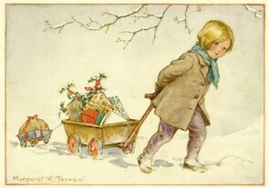 Postcard Margareth W. Tarrant | A small child pulls along a cart loads of presents