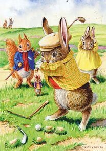 Postcard Racey Helps | Rabbits and Squirrel playing golf