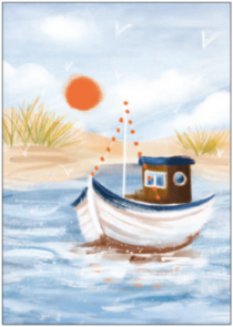 Postcard | Home port (fishing boat in front of dunes)