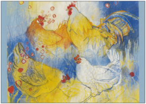 Postcard Loes Botman | Rooster with hens, 2001