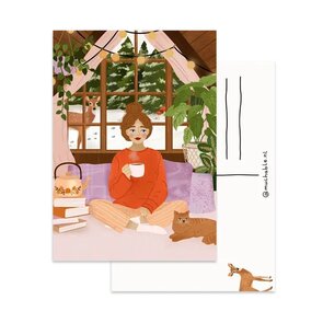 A6 Postcard by Muchable - vrouw in winter hutje met hert