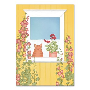 Studio Kvinna A6 Postcard - Cat-in-the-window with hollyhocks
