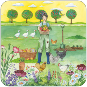 Postcard Kristiana Heinemann | Woman gardening with farm animals