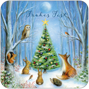 Postkarte Ileana Oakley | Frohes Fest (Tiere um Weihnachtsbaum)