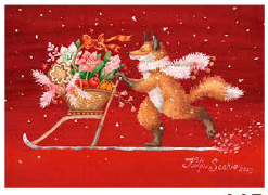 Postkarte 445 by Katja Saario - Fox and Christmas Sleigh