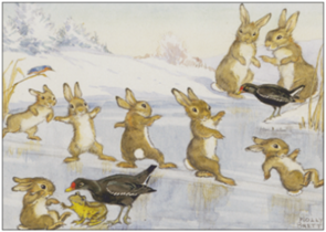Postcard Molly Brett | Rabbits sliding on ice