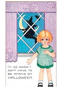 Victorian Halloween Postcard | A.N.B. - Meisje staat voor een raam met daarachter een heks op een bezemsteel