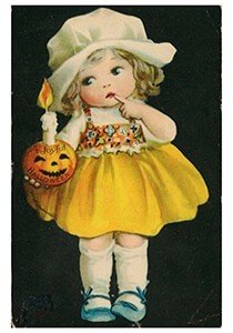 Victorian Halloween Postcard | A.N.B. - Meisje met een pompoen en een kaars