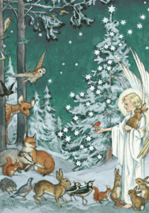 Postcard Molly Brett | Woodland Creatures Gather Around an Angel