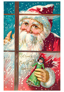 Postcard | Kerstman met een popje in zijn hand kijkt door het raam naar binnen
