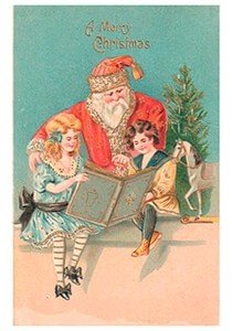 Postcard | Kinderen lezen in een boek en achter hun staat de kerstman