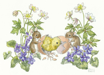 Postcard Molly Brett | Two mice with chick hatching from egg