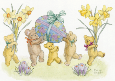 Postcard Molly Brett | Five Teddy Bears with Daffodils and Easter Eggs