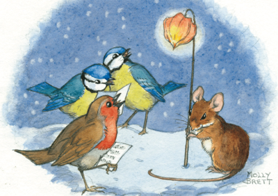 Postcard Molly Brett | Robin and Blue Tits Sing Carols