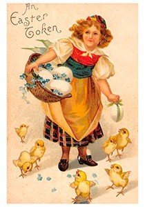 Victorian Postcard | A.N.B. - Meisje met paaseieren en kuikentjes