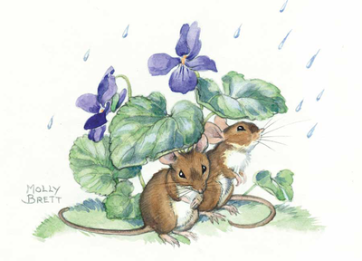 Postcard Molly Brett | Two mice shelter from the rain