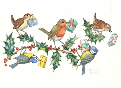 Postcard Molly Brett | Wrens, blue tits and robin holding presents