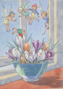 Postcard Molly Brett | Bowl of crocuses with fairies flying around