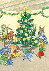 Postcard Molly Brett | A Family Of Mice Playing Around The Christmas Tree