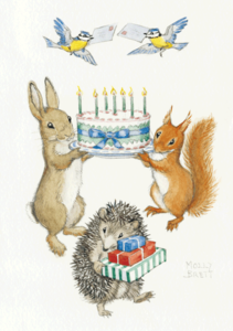 Postcard Molly Brett | Rabbit And Squirrel Holding Birthday Cake 