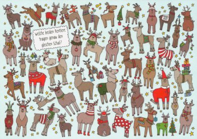 Search Postcard | Which two reindeer are wearing exactly the same scarf?