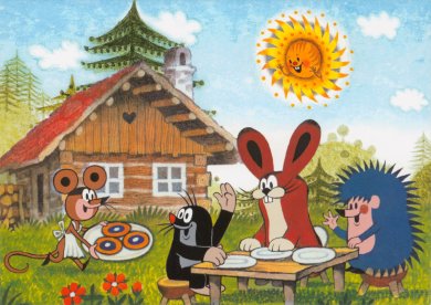 Postcard Krtek - Der kleine Maulwurf - The little mole having lunch with friends
