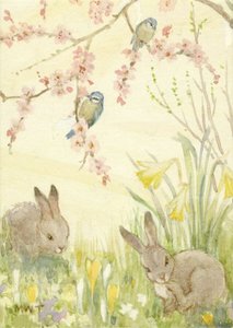 Postcard Margareth W. Tarrant | Rabbits And Blue Tits With Spring Flowers