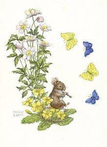 Postcard Molly Brett | Mouse Sitting On A Primrose Piping
