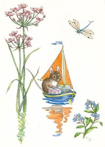 Postcard Molly Brett | A Mouse With Presents In A Sail Boat