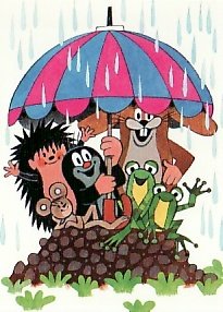 Postcard Krtek - Der kleine Maulwurf Tiere mit Regenschirm