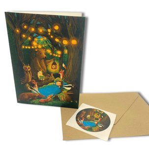 Reading aloud in the woods - double postcard with envelope