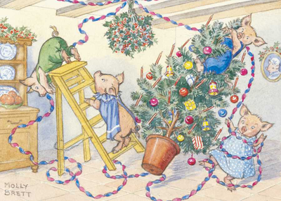 Postcard Molly Brett | A Family Of Pigs Putting Up Christmas Decorations 
