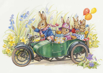 Postcard Audrey Tarrant | Rabbit Family Riding In Motorcycle And Sidecar 
