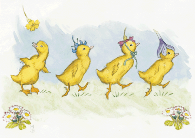 Postcard Molly Brett | Four Ducklings Wearing Flowers 