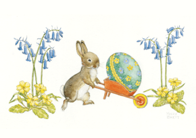Postcard Molly Brett | Rabbit Pushing A Decorated Easter Egg In A Wheelbarrow 