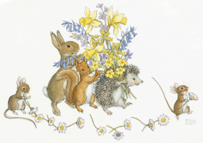 Postcard Molly Brett | Rabbit, Squirrel, Hedgehog With A Bouquet Of Springflowers