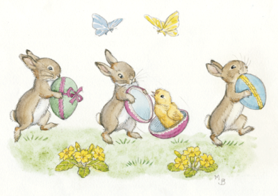 Postcard Molly Brett | Three Rabbits With Easter Eggs 