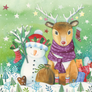 Postcard Kristiana Heinemann | Snowman and reindeer with gifts