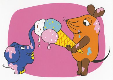 Postcard Sendung mit der Maus | The mouse is feeding the little elephant ice cream