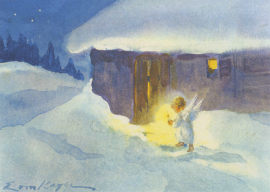 Postcard | An angel trudges through the snow by candlelight