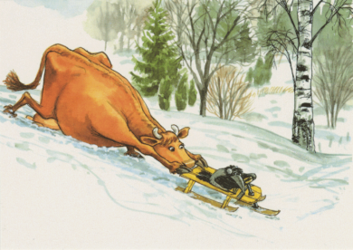 Hjelm Förlag Postcard | Raven on sledge with cow (nature and culture)