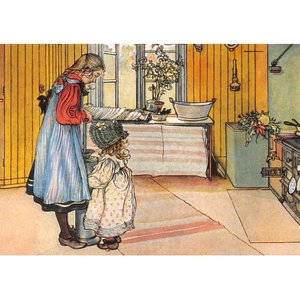 Postcard | Carl Larsson - The Kitchen: Suzanne and Kersti beat butter