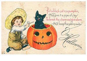 Victorian Halloween Postcard | A.N.B. - Zwarte kat zittend in een pompoen