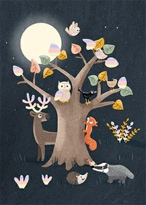 Julia Reyelt Postcard | Tree with animals in the moonlight