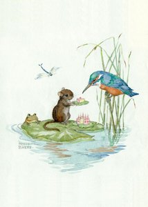 Postcard Molly Brett | A Mouse Giving Birthday Cake To A Kingfisher