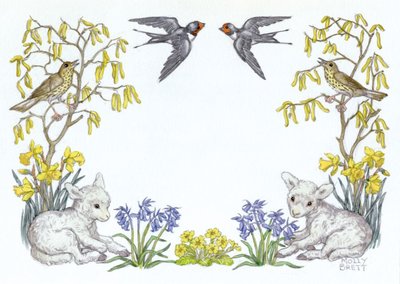 Postcard Molly Brett | Thrushes, Lambs, Flowers And Two Swallows