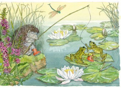 Postcard Molly Brett | A Dozy Hedgehog Falls Asleep While Fishing In A Pond