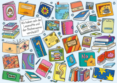 Search Postcard | Wo haben sich die Leseratte und der Bücherwurm versteckt?