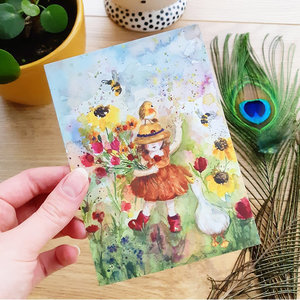 Postcard Collecting flowers - Romyillustrations