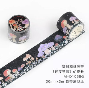 30mm Masking Tape | Mushrooms at Night - with Silver Foil 